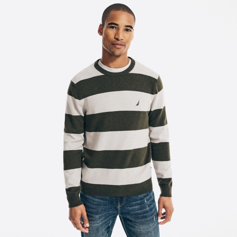 Men\'s Nautica Sustainably Crafted Striped Sweaters Olive | ll97Jlvg