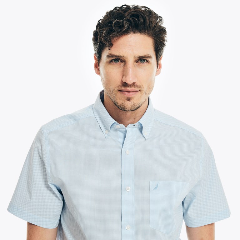 Men's Nautica Wrinkle-resistant Plaid Wear To Work -sleeve Shirts AZURE Blue | CPafEoTw