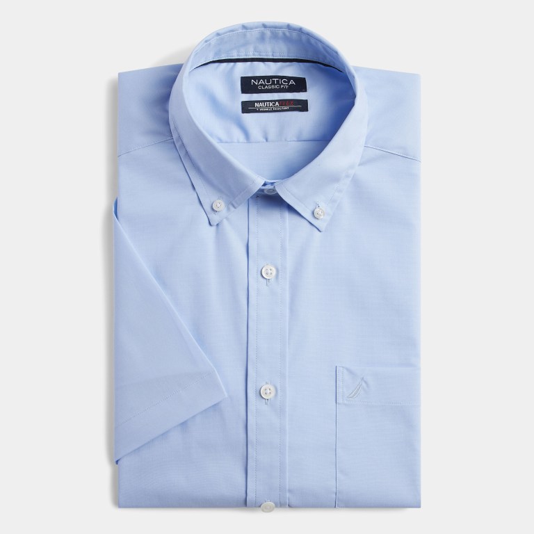 Men's Nautica Wrinkle-resistant Wear To Work -sleeve Shirts AZURE Blue | vAKCZ3PT