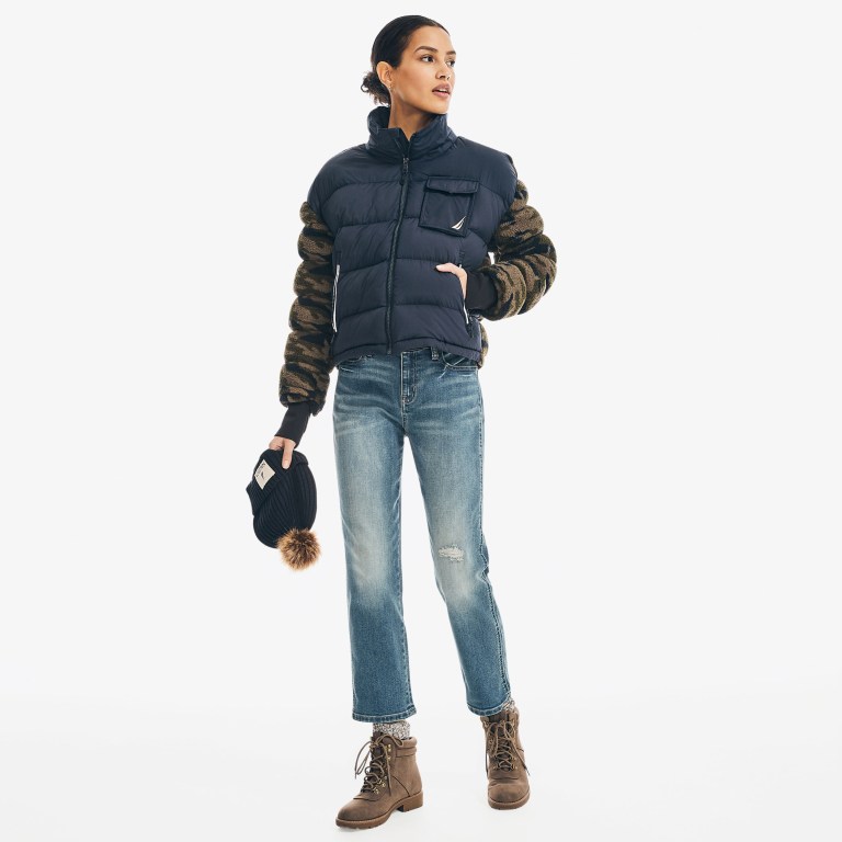 Women's Nautica Camouflage Mixed Media Sherpa Jackets Navy | COJpoBYG