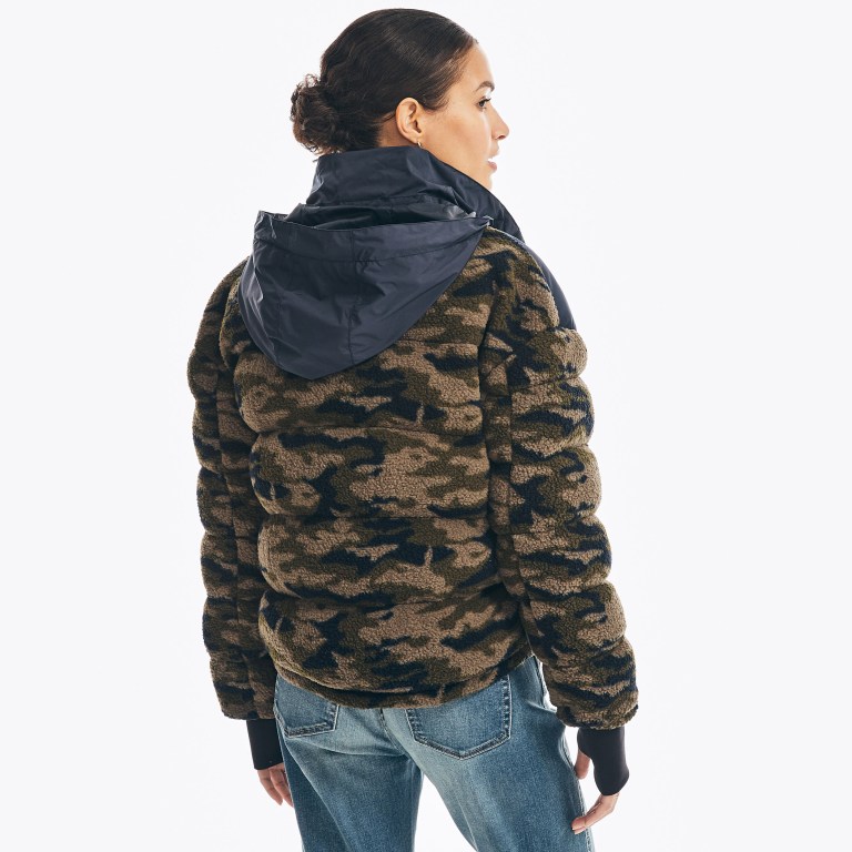 Women's Nautica Camouflage Mixed Media Sherpa Jackets Navy | COJpoBYG