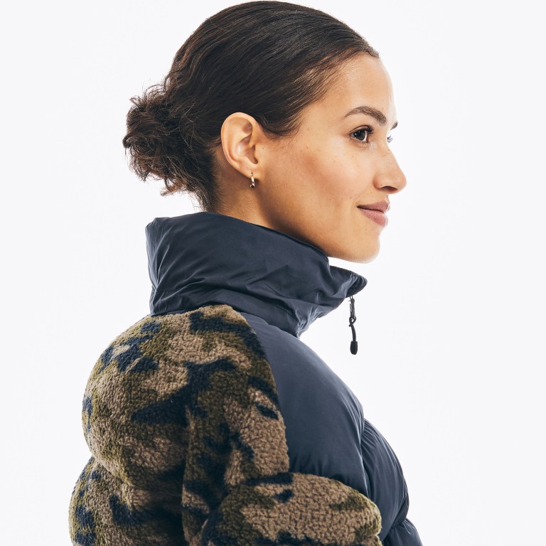 Women's Nautica Camouflage Mixed Media Sherpa Jackets Navy | COJpoBYG