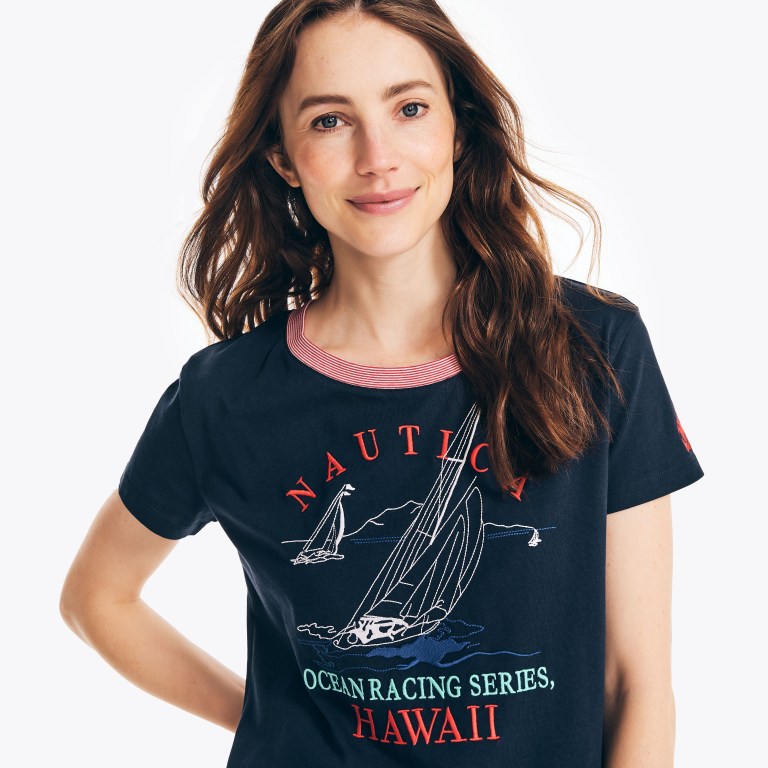 Women's Nautica Cropped Logo Graphic T Shirts Navy | AKz0TJas