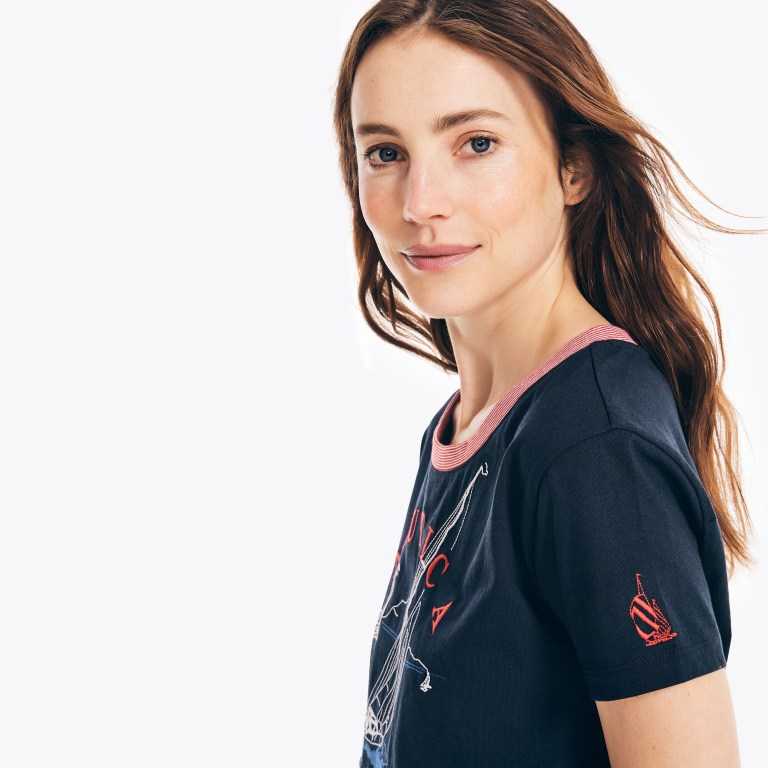 Women's Nautica Cropped Logo Graphic T Shirts Navy | AKz0TJas