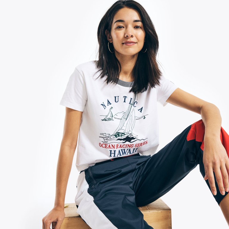 Women's Nautica Cropped Logo Graphic T Shirts White | ofV81gpw