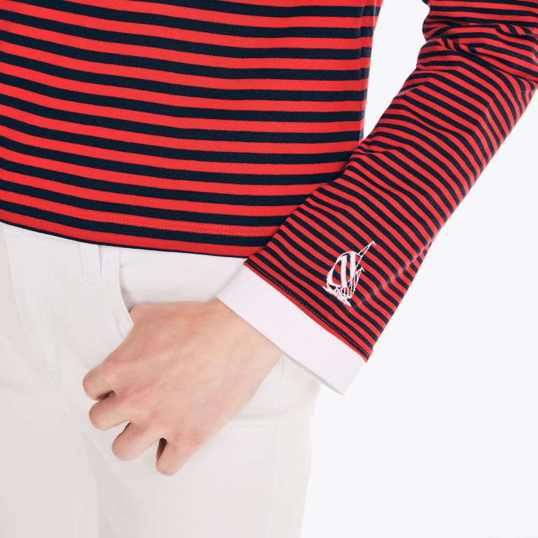 Women's Nautica Cropped Striped Long-sleeve T Shirts Red | 4HZt7NHX