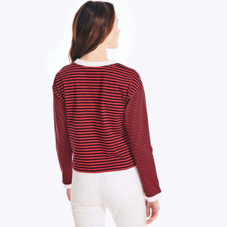 Women's Nautica Cropped Striped Long-sleeve T Shirts Red | 4HZt7NHX