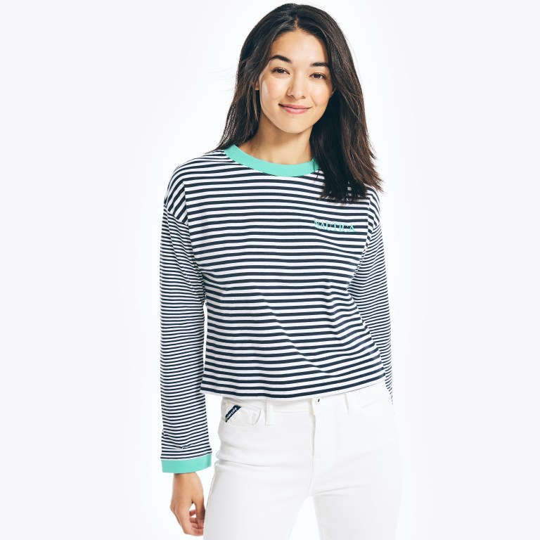 Women's Nautica Cropped Striped Long-sleeve T Shirts White | Lg5VxFQX