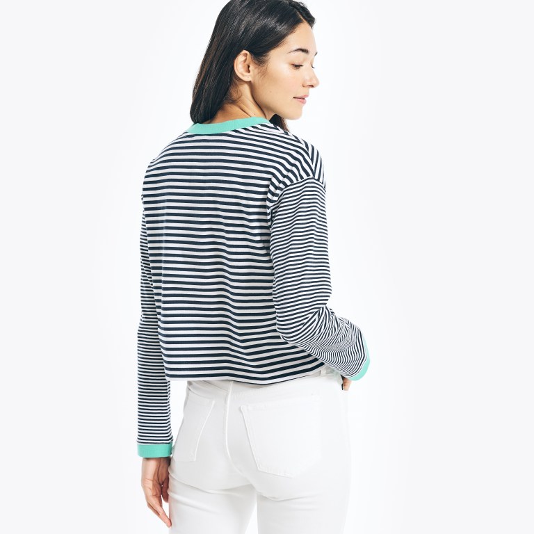 Women's Nautica Cropped Striped Long-sleeve T Shirts White | Lg5VxFQX