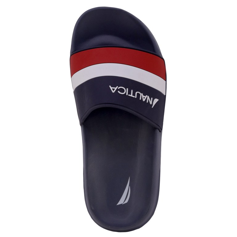 Women's Nautica Embossed Striped Logo Slides Navy | GsZcnQrQ