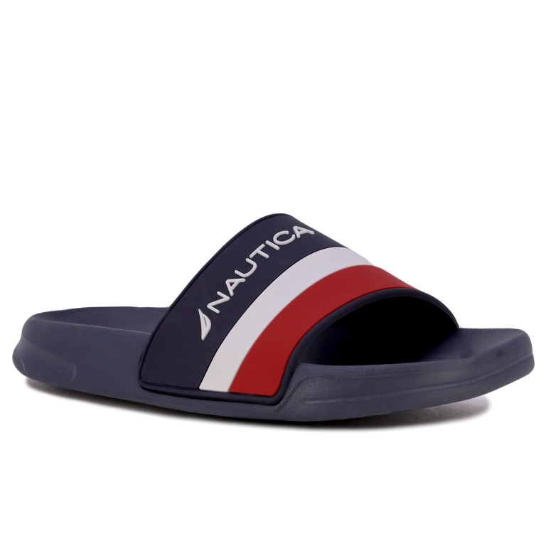 Women\'s Nautica Embossed Striped Logo Slides Navy | GsZcnQrQ