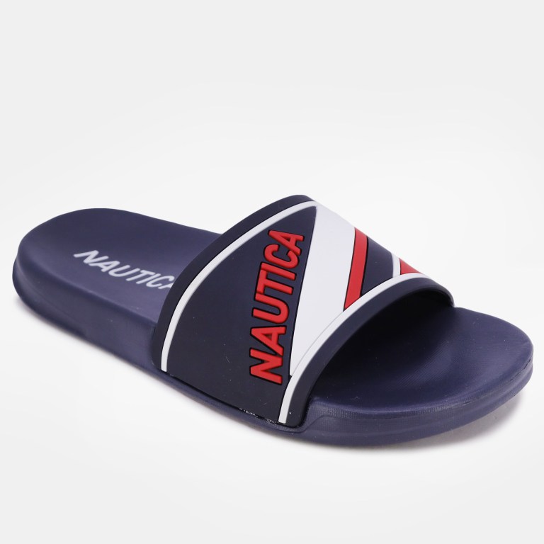 Women\'s Nautica Embossed Striped Logo Slides Navy | boYKZVk2