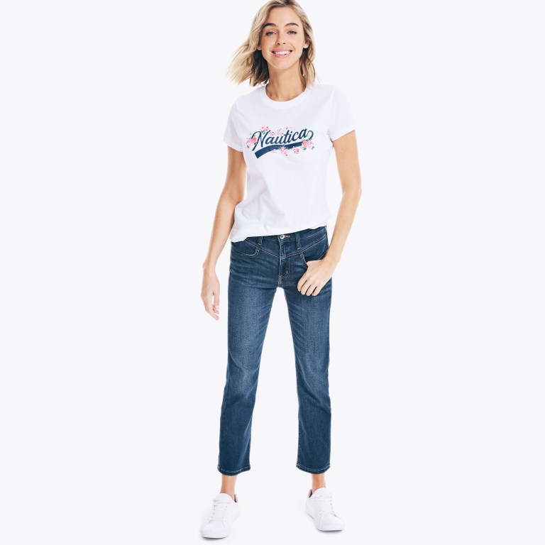 Women's Nautica Floral Logo Graphic T Shirts White | BoZP0Ocm