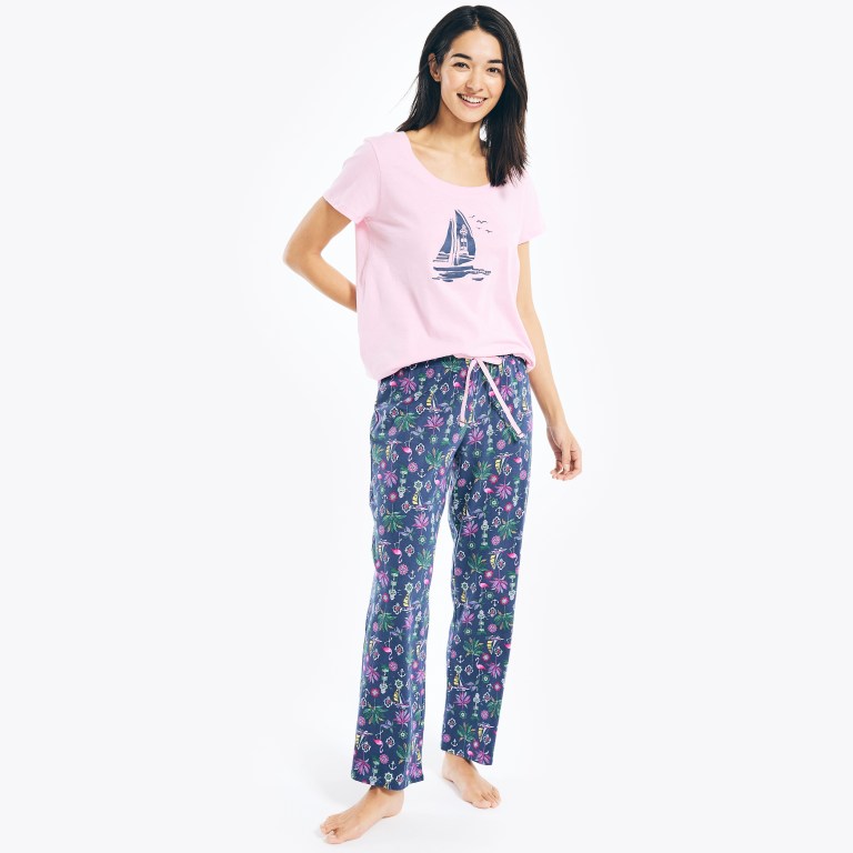 Women\'s Nautica Floral Print Pajama Set Sleepwear Navy | 8hdTR6Kt