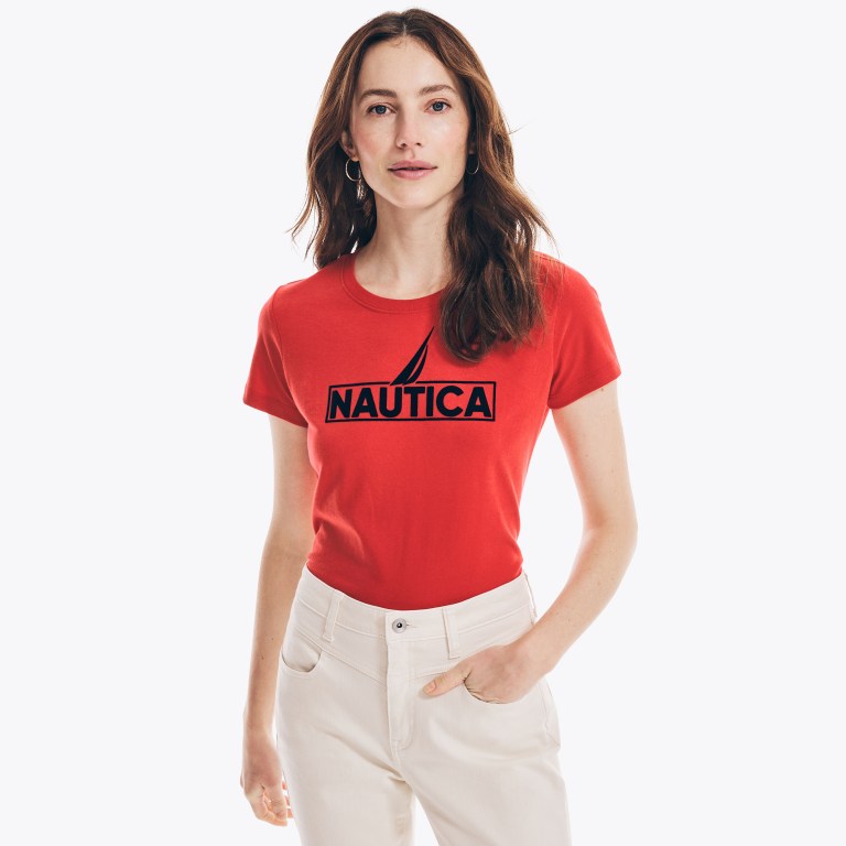 Women\'s Nautica Logo Graphic T Shirts Red | m5FmFa5s