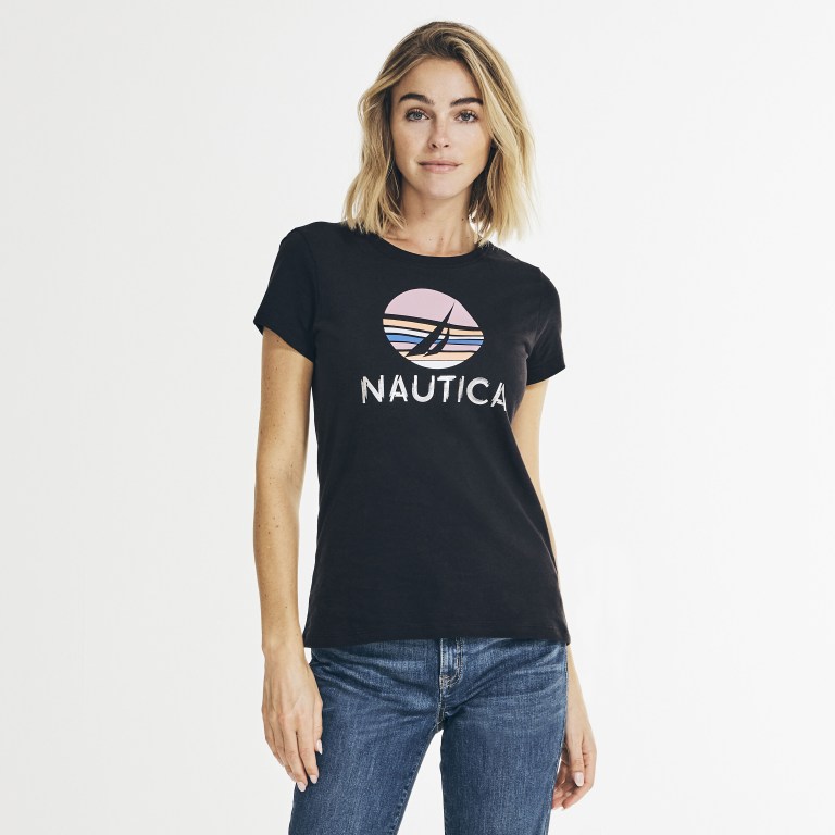 Women\'s Nautica Metallic Foil Graphic T Shirts Black | JsJryyKu