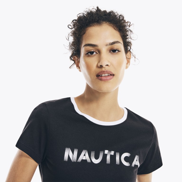 Women's Nautica Metallic Foil Logo Graphic T Shirts Black | 9jkBXEWC