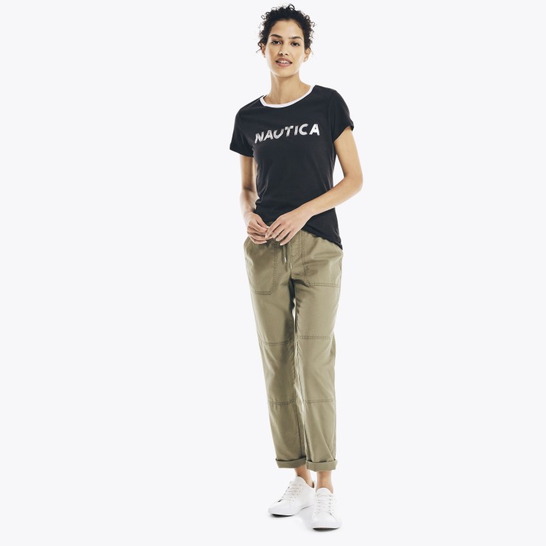 Women's Nautica Metallic Foil Logo Graphic T Shirts Black | 9jkBXEWC