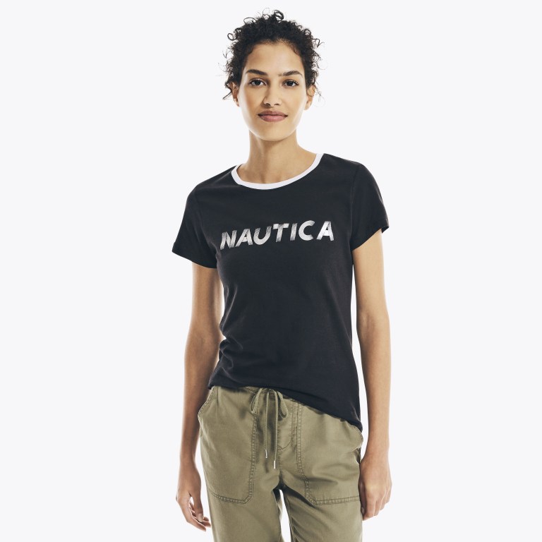 Women\'s Nautica Metallic Foil Logo Graphic T Shirts Black | 9jkBXEWC