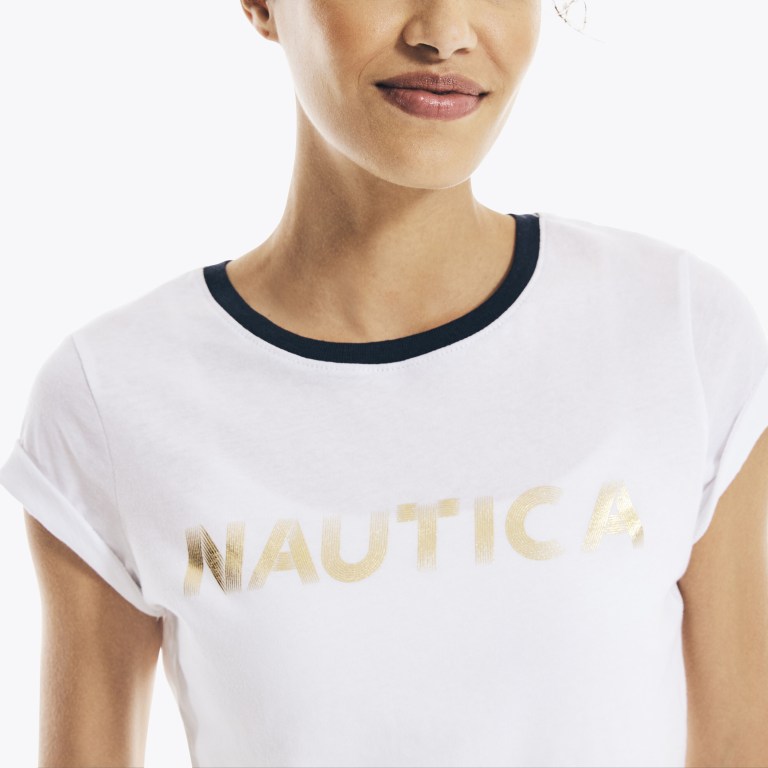 Women's Nautica Metallic Foil Logo Graphic T Shirts White | X1YZGaQL