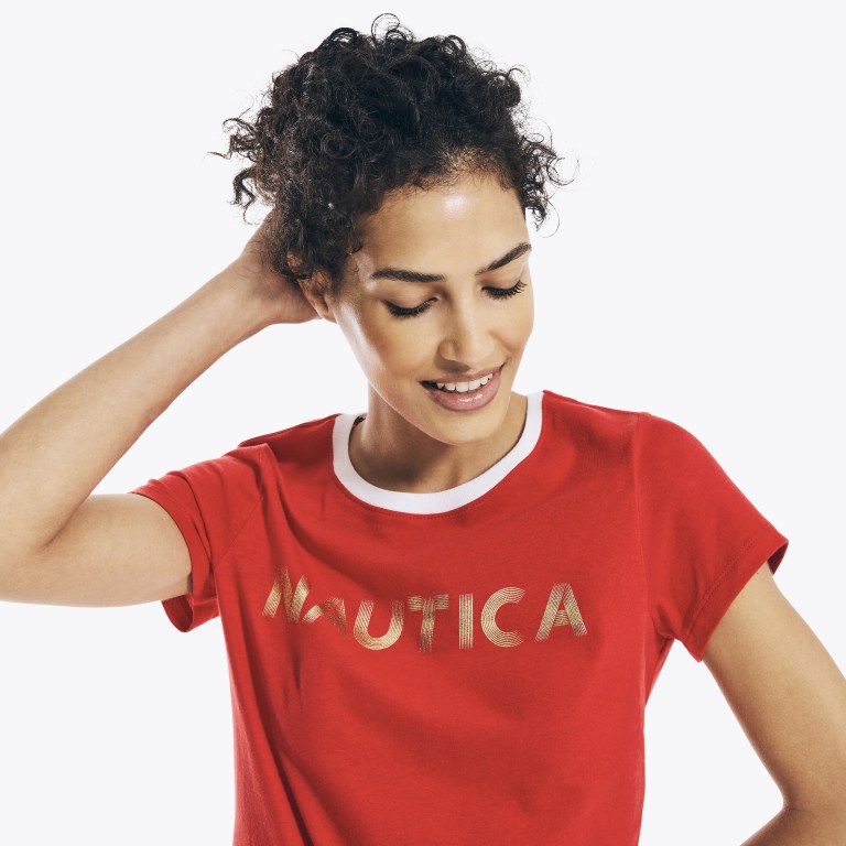 Women's Nautica Metallic Foil Logo Graphic T Shirts Red | w9a9gXWz