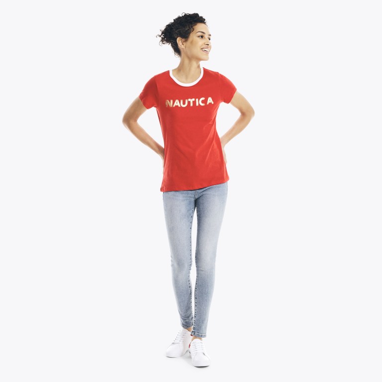 Women's Nautica Metallic Foil Logo Graphic T Shirts Red | w9a9gXWz