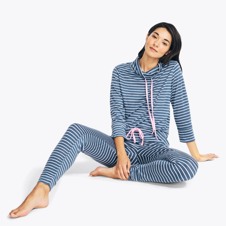 Women's Nautica Quarter-sleeve Striped Jogger Sleep Set Sleepwear Blue | 5uGTnGbl