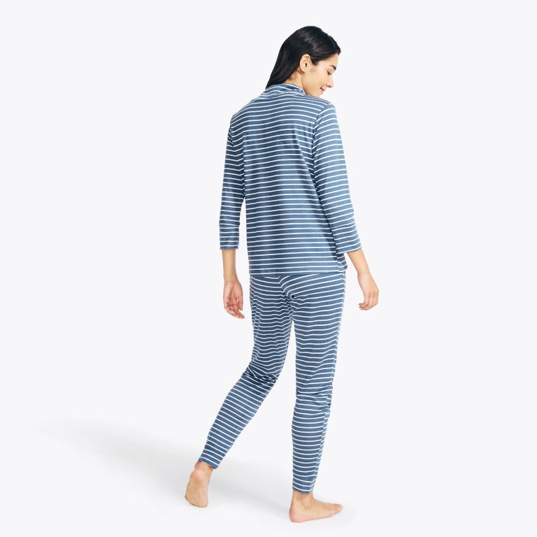 Women's Nautica Quarter-sleeve Striped Jogger Sleep Set Sleepwear Blue | 5uGTnGbl