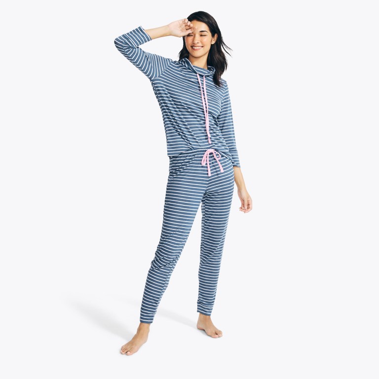 Women\'s Nautica Quarter-sleeve Striped Jogger Sleep Set Sleepwear Blue | 5uGTnGbl