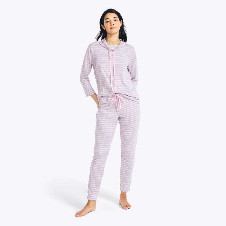 Women\'s Nautica Quarter-sleeve Striped Jogger Sleep Set Sleepwear Grey | HI2U2paL