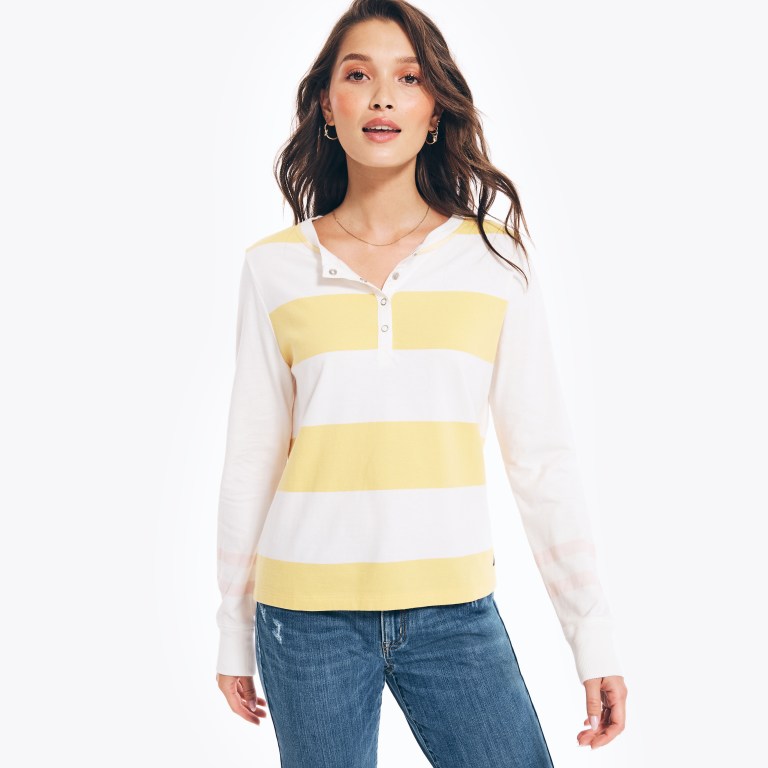 Women\'s Nautica Rugby Striped Henley Tops Yellow | B4bX9dCt