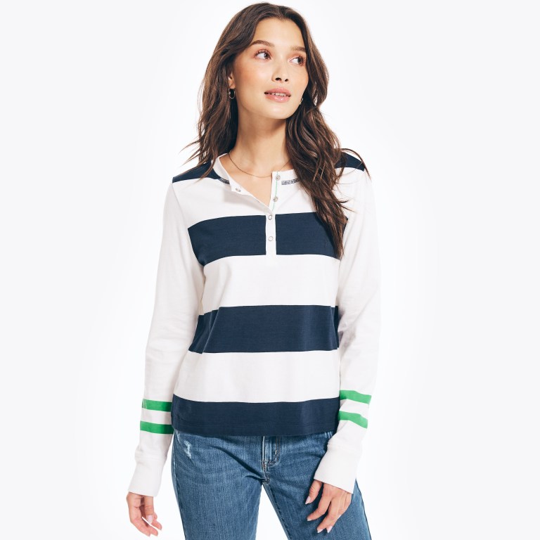 Women's Nautica Rugby Striped Henley Tops Blue | xr008aXP