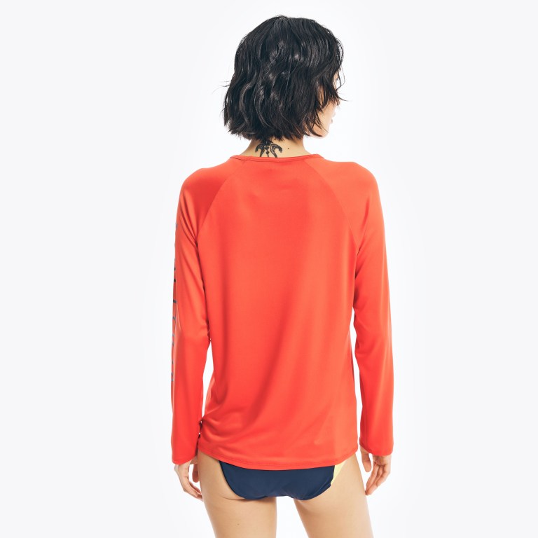 Women's Nautica Solid Logo Rash Guard Swimwear Red | Gha1rUKE