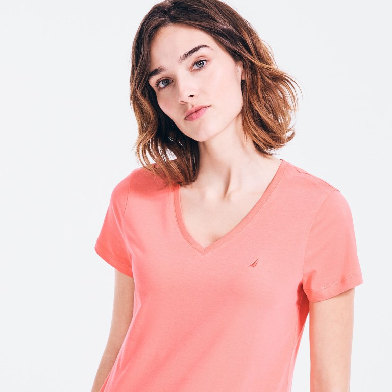 Women's Nautica Solid V-neck T Shirts Coral | fgWloK2n