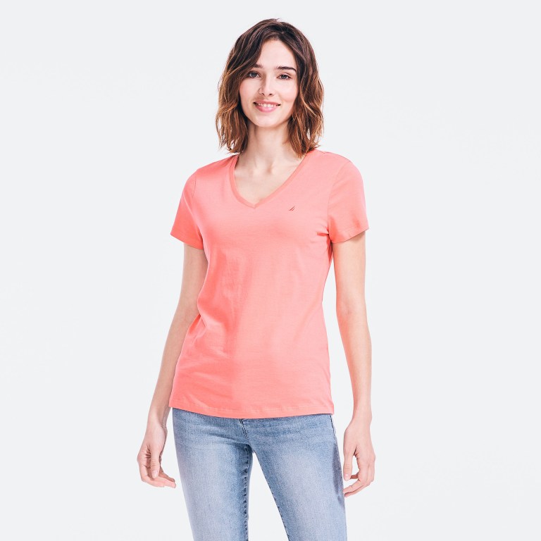 Women\'s Nautica Solid V-neck T Shirts Coral | fgWloK2n