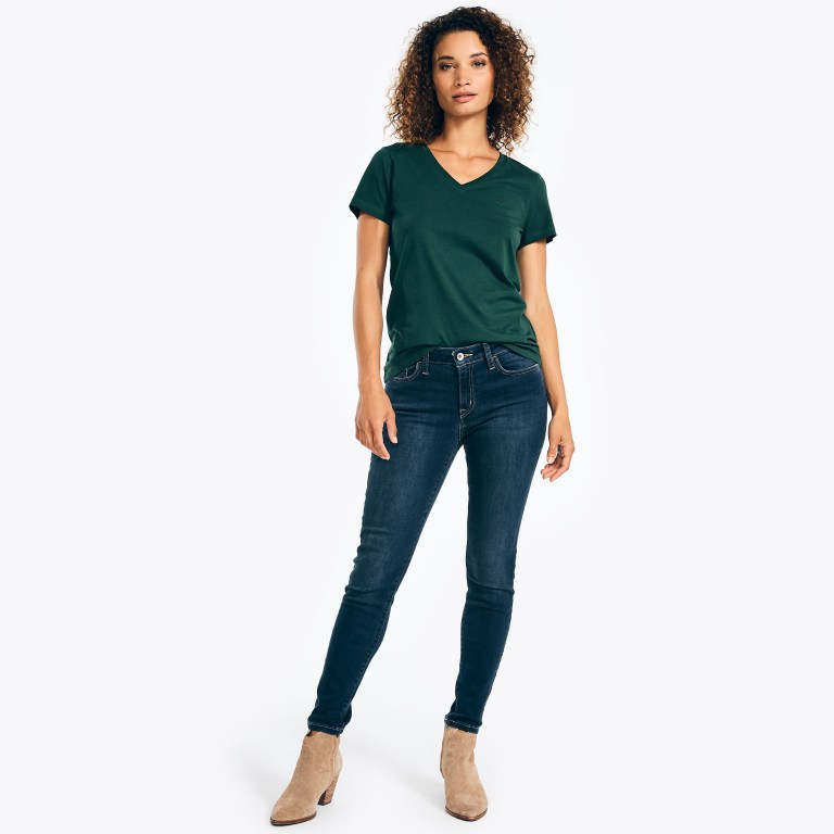 Women's Nautica Solid V-neck T Shirts Green | 4u2iHo5d