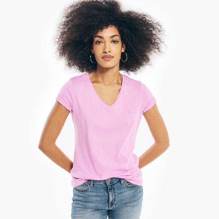 Women's Nautica Solid V-neck T Shirts Purple | vSvlIjYa