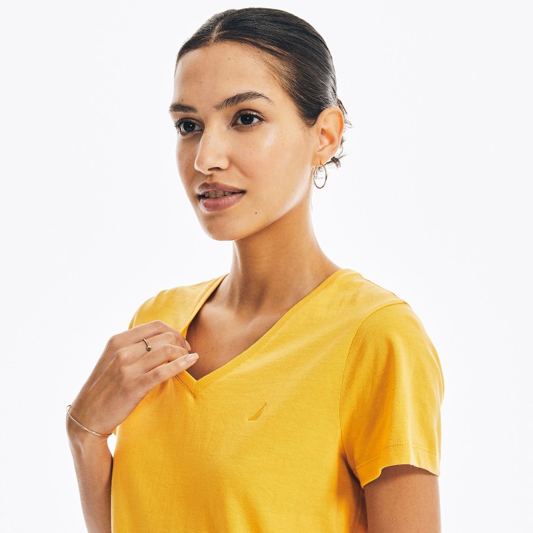 Women's Nautica Solid V-neck T Shirts Yellow | STOmURUS