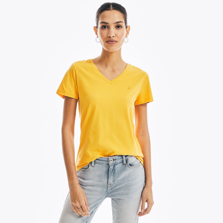 Women\'s Nautica Solid V-neck T Shirts Yellow | STOmURUS