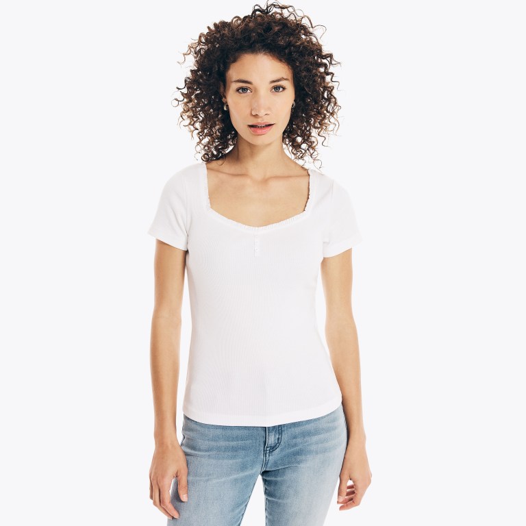 Women\'s Nautica Square-neck -sleeve Henley Tops White | 2w6xZTB7