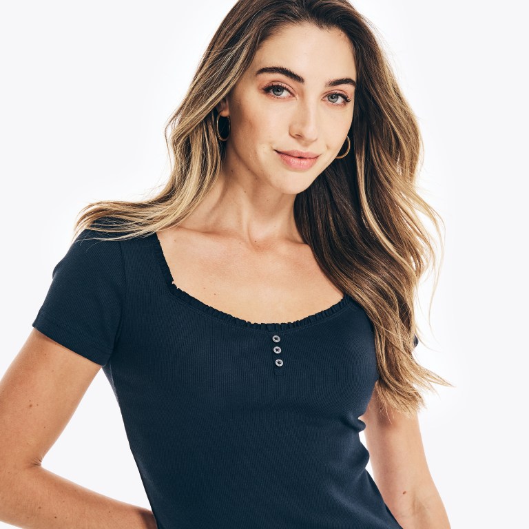 Women's Nautica Square-neck -sleeve Henley Tops Blue | sA5KtE0m