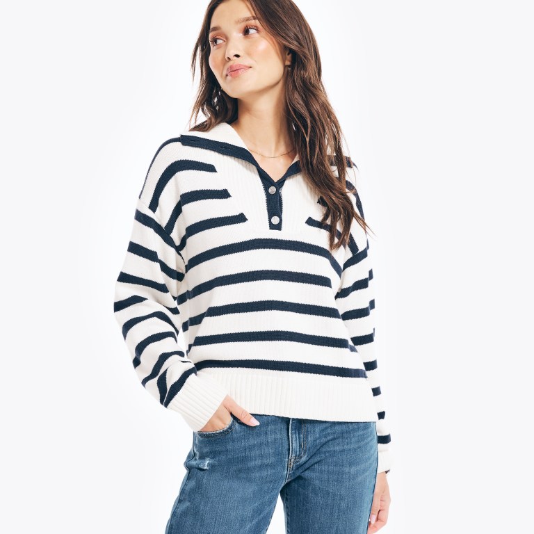 Women's Nautica Striped Button-up Sweaters White | zT1FieWu