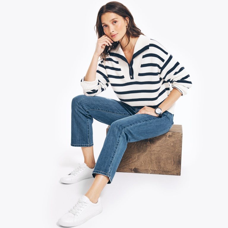 Women's Nautica Striped Button-up Sweaters White | zT1FieWu