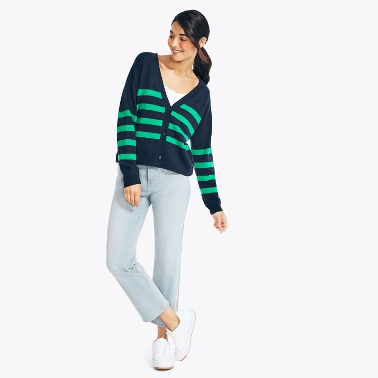 Women's Nautica Striped Cardigan Sweaters Blue | kLUaRiZI