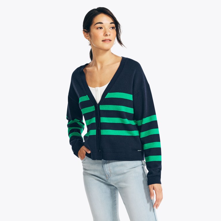 Women\'s Nautica Striped Cardigan Sweaters Blue | kLUaRiZI