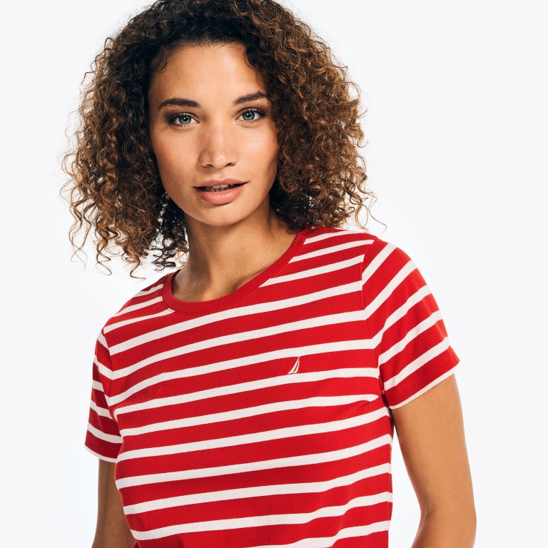 Women's Nautica Striped Crewneck T Shirts Red | 2tFyA7ou