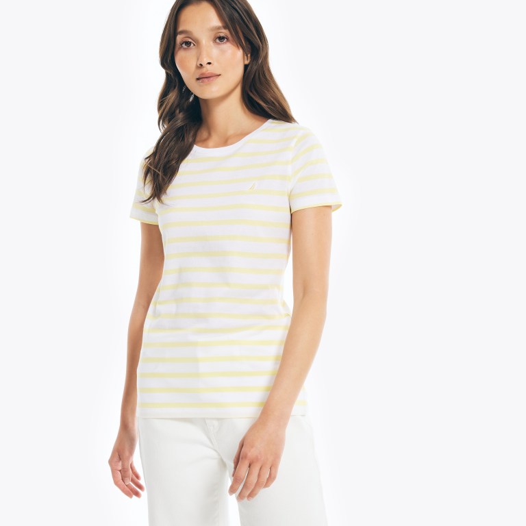 Women's Nautica Striped Crewneck T Shirts Yellow | SHjmS4QA