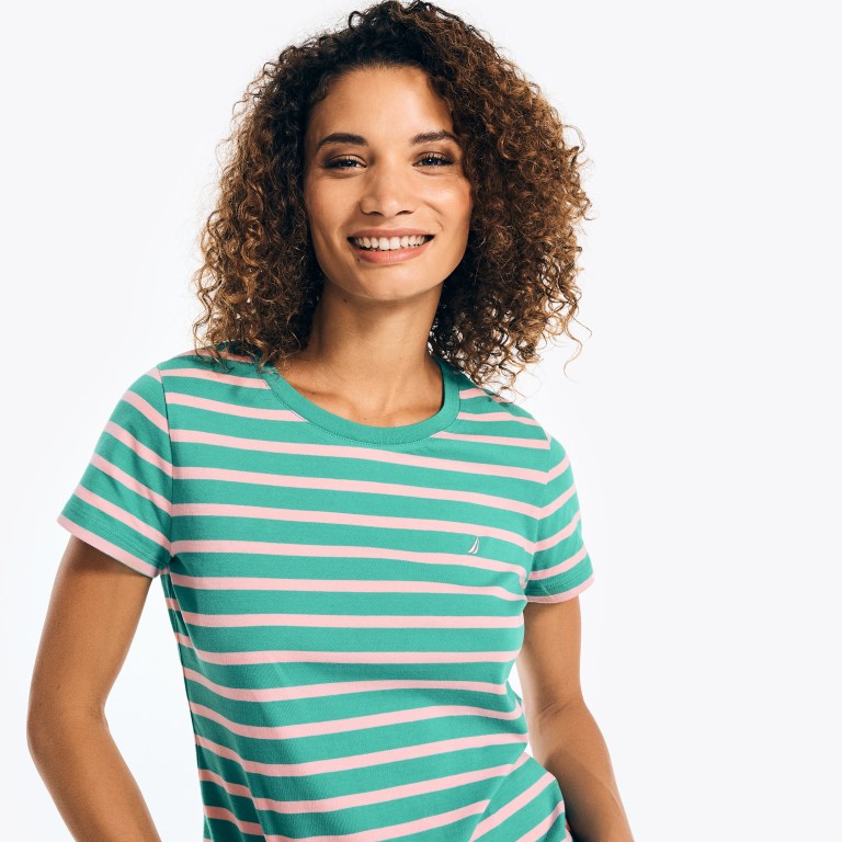 Women's Nautica Striped Crewneck T Shirts Green | mPO2b4Tt