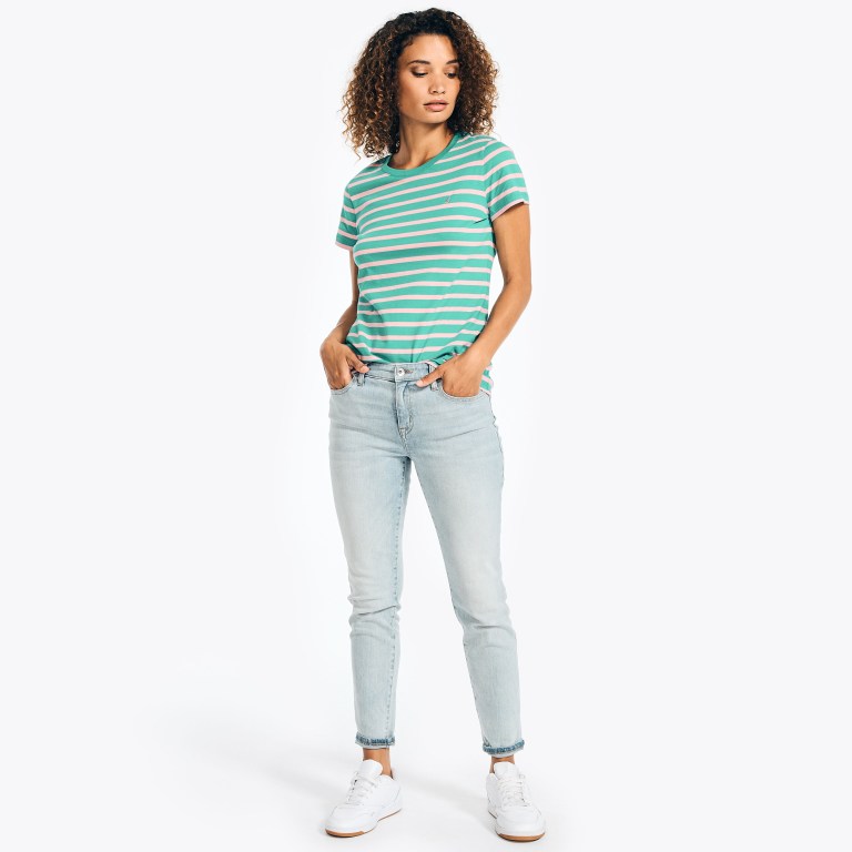 Women's Nautica Striped Crewneck T Shirts Green | mPO2b4Tt