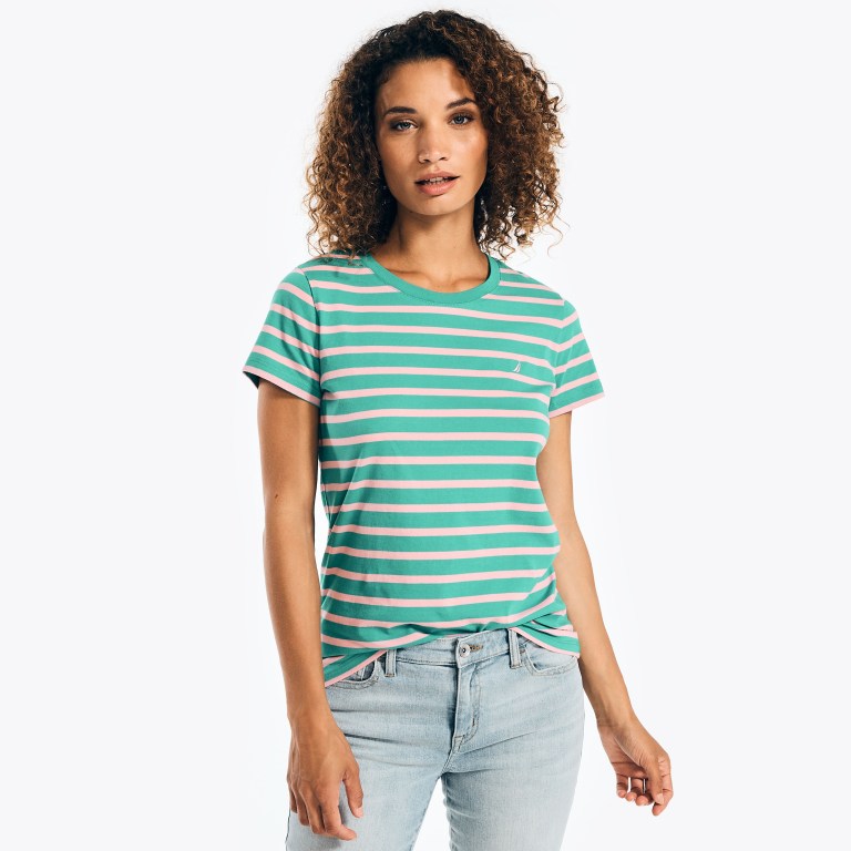 Women\'s Nautica Striped Crewneck T Shirts Green | mPO2b4Tt